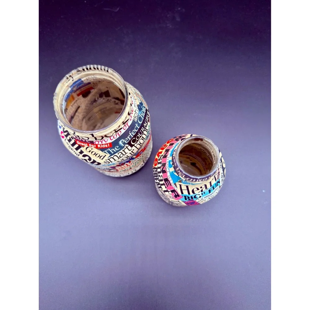 Vintage Decoupage Glass Bottle Set Ransom Note Typography Newspaper Collage 2pc